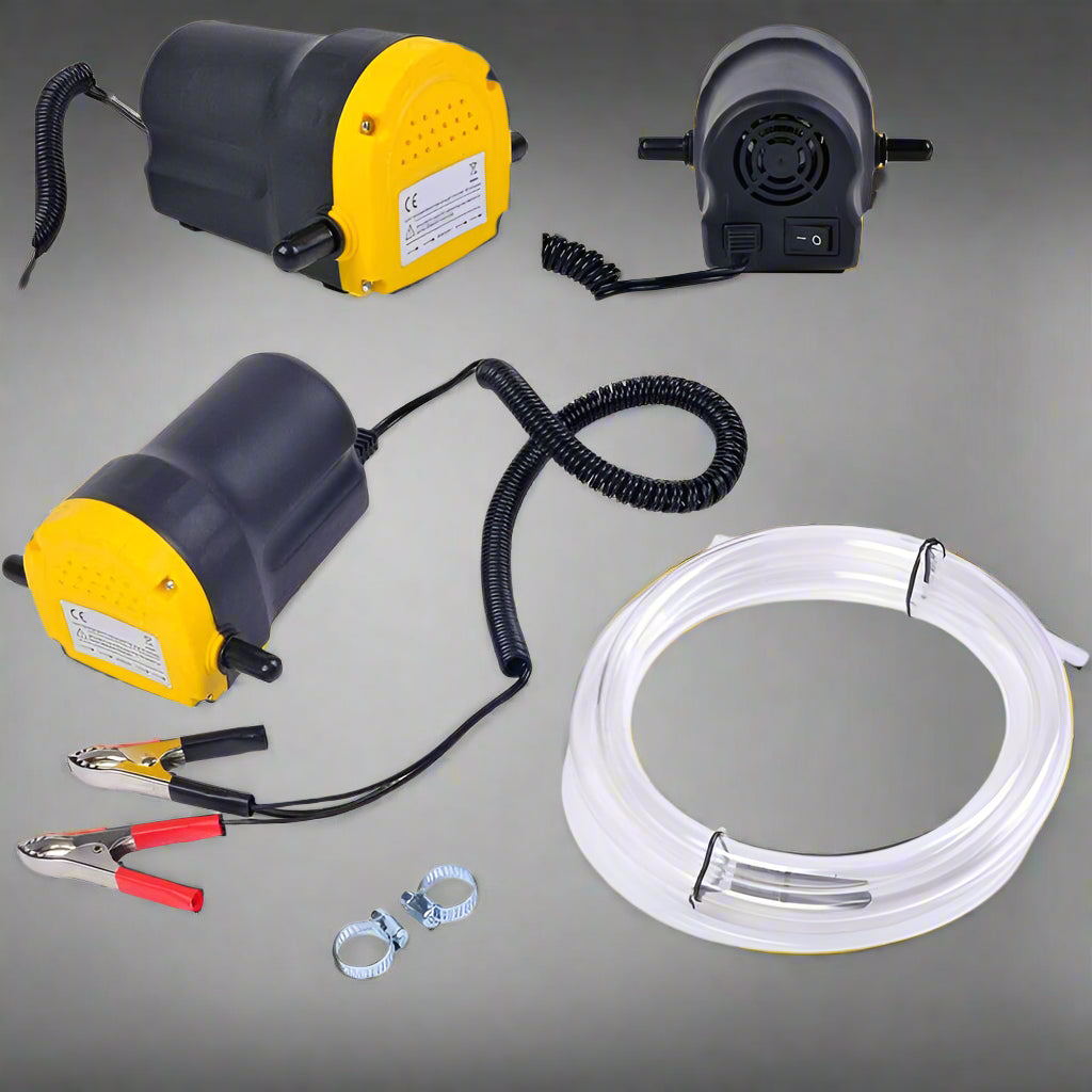 12V Oil & Diesel Extractor Pump – Compact Yellow/Black Design
Portable Fuel Pump Kit – Includes Hoses and Clips for Easy Setup
DC Transfer Pump for Cars and Small Engines – Front View Assembly