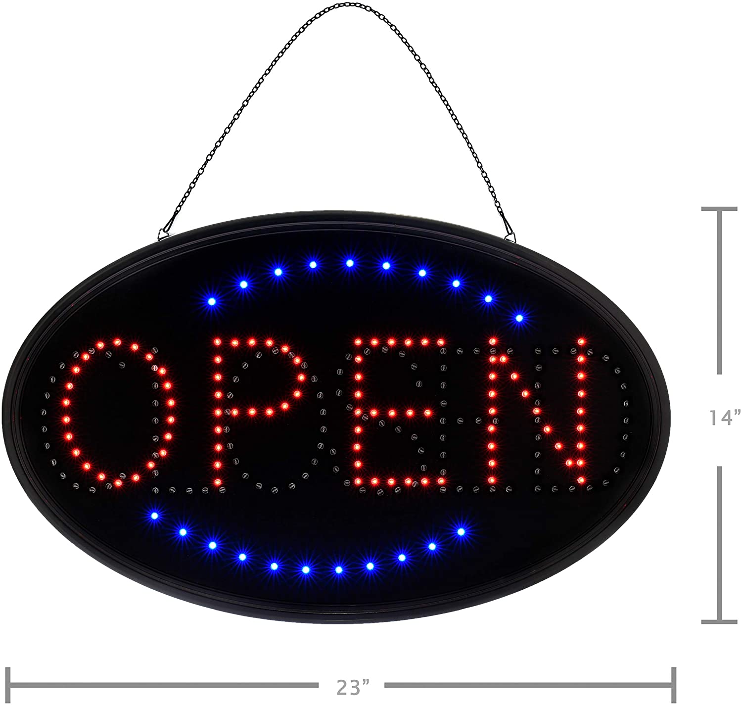 “LED open closed sign with flashing red and blue lights”

“23x14 LED sign for store window with hanging chain”

“Bright compact LED open closed display board”