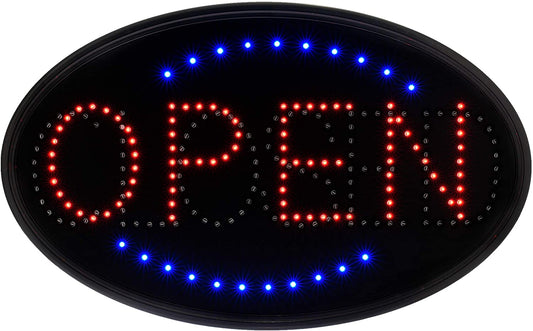 “LED open closed sign with flashing red and blue lights”

“23x14 LED sign for store window with hanging chain”

“Bright compact LED open closed display board”
