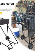 Heavy-duty outboard motor stand with 315 lb capacity
Boat engine carrier with rubber tires and steel frame”

Side view of portable outboard motor repair stand
Foldable marine engine stand with rear and front wheels