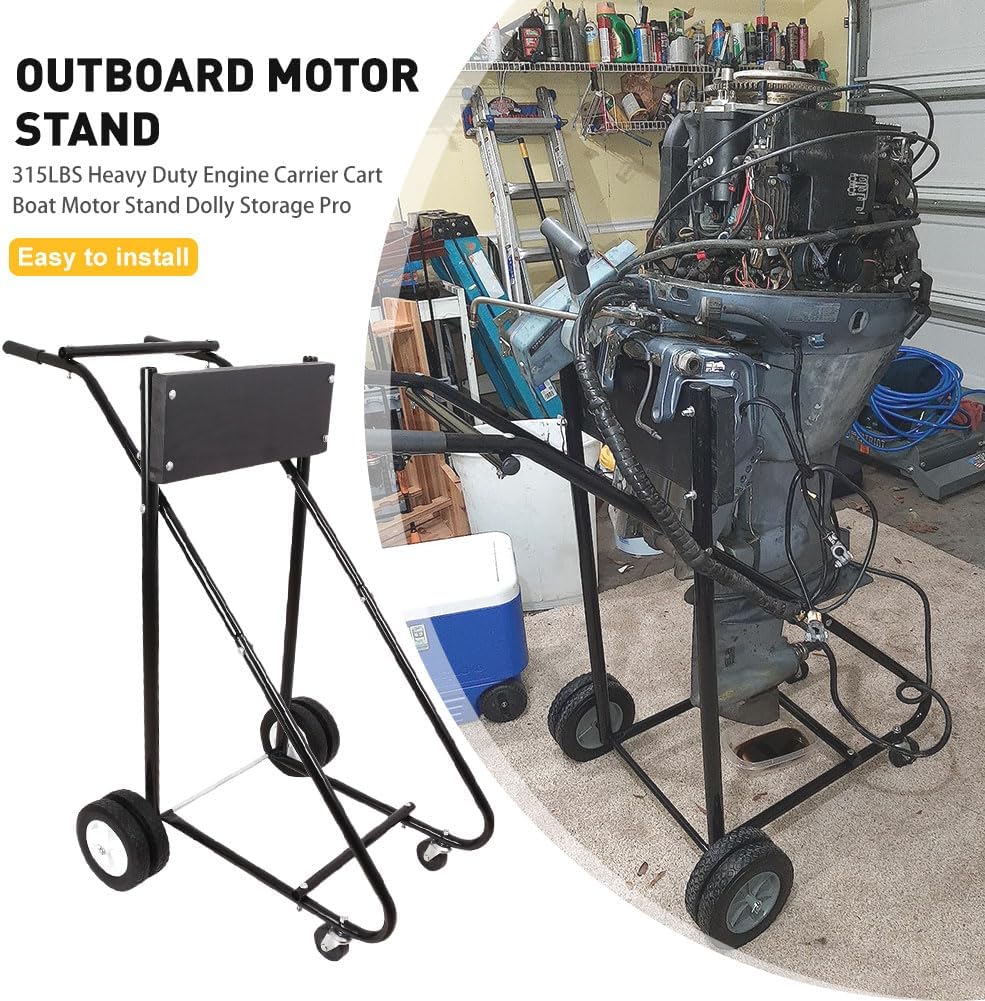Heavy-duty outboard motor stand with 315 lb capacity
Boat engine carrier with rubber tires and steel frame”

Side view of portable outboard motor repair stand
Foldable marine engine stand with rear and front wheels