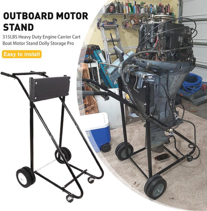 Heavy-duty outboard motor stand with 315 lb capacity
Boat engine carrier with rubber tires and steel frame”

Side view of portable outboard motor repair stand
Foldable marine engine stand with rear and front wheels