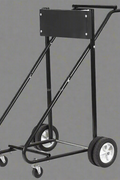 Heavy-duty outboard motor stand with 315 lb capacity
Boat engine carrier with rubber tires and steel frame”

Side view of portable outboard motor repair stand
Foldable marine engine stand with rear and front wheels