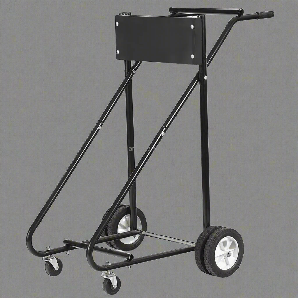 Heavy-duty outboard motor stand with 315 lb capacity
Boat engine carrier with rubber tires and steel frame”

Side view of portable outboard motor repair stand
Foldable marine engine stand with rear and front wheels
