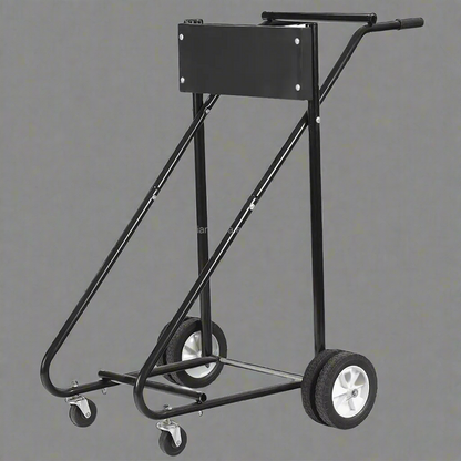Heavy-duty outboard motor stand with 315 lb capacity
Boat engine carrier with rubber tires and steel frame”

Side view of portable outboard motor repair stand
Foldable marine engine stand with rear and front wheels