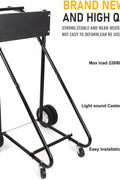 Heavy-duty outboard motor stand with 315 lb capacity
Boat engine carrier with rubber tires and steel frame”

Side view of portable outboard motor repair stand
Foldable marine engine stand with rear and front wheels