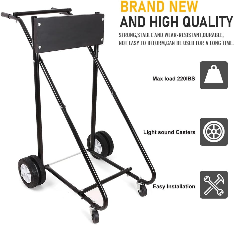 Heavy-duty outboard motor stand with 315 lb capacity
Boat engine carrier with rubber tires and steel frame”

Side view of portable outboard motor repair stand
Foldable marine engine stand with rear and front wheels