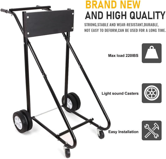 Heavy-duty outboard motor stand with 315 lb capacity
Boat engine carrier with rubber tires and steel frame”

Side view of portable outboard motor repair stand
Foldable marine engine stand with rear and front wheels