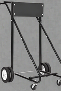 Heavy-duty outboard motor stand with 315 lb capacity
Boat engine carrier with rubber tires and steel frame”

Side view of portable outboard motor repair stand
Foldable marine engine stand with rear and front wheels