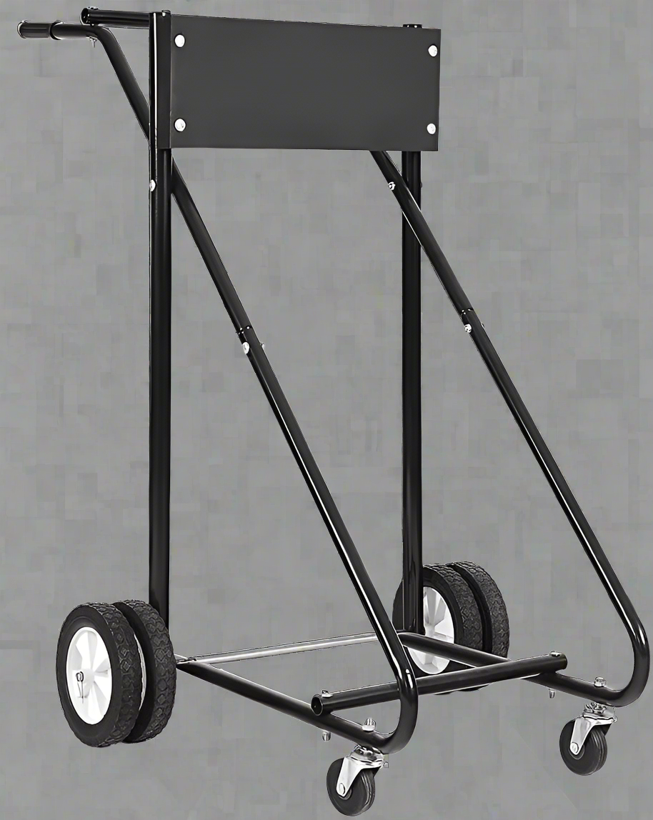 Heavy-duty outboard motor stand with 315 lb capacity
Boat engine carrier with rubber tires and steel frame”

Side view of portable outboard motor repair stand
Foldable marine engine stand with rear and front wheels