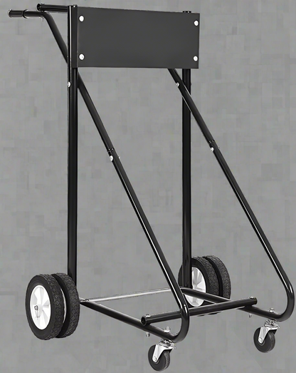 Heavy-duty outboard motor stand with 315 lb capacity
Boat engine carrier with rubber tires and steel frame”

Side view of portable outboard motor repair stand
Foldable marine engine stand with rear and front wheels