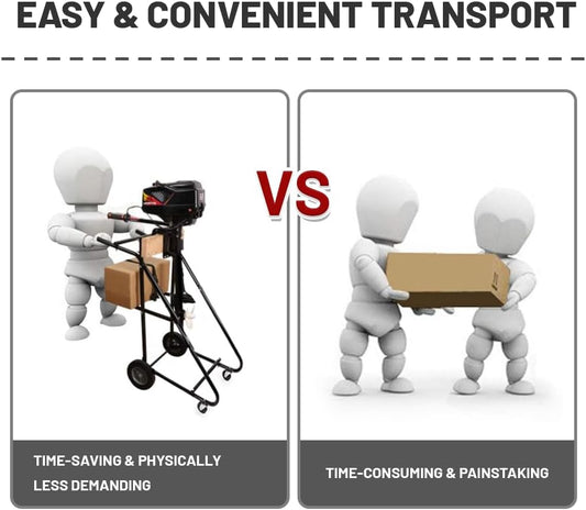 Heavy-duty outboard motor stand with 315 lb capacity
Boat engine carrier with rubber tires and steel frame”

Side view of portable outboard motor repair stand
Foldable marine engine stand with rear and front wheels