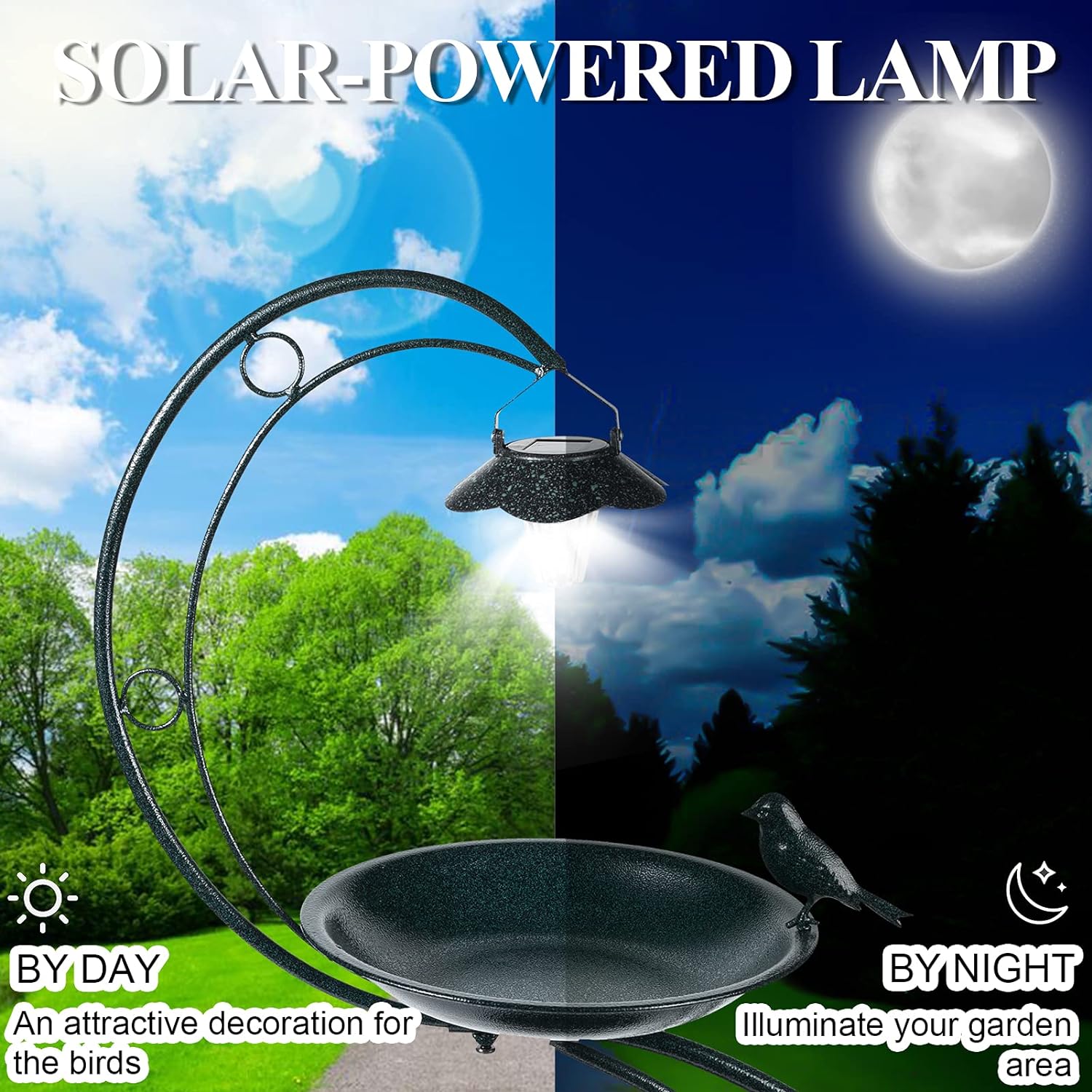 nighttime garden bird bath with solar-powered LED illumination