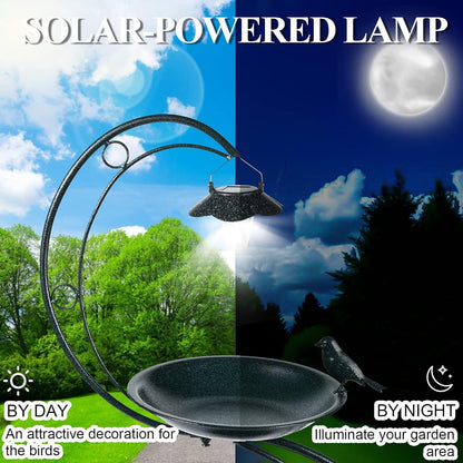 nighttime garden bird bath with solar-powered LED illumination