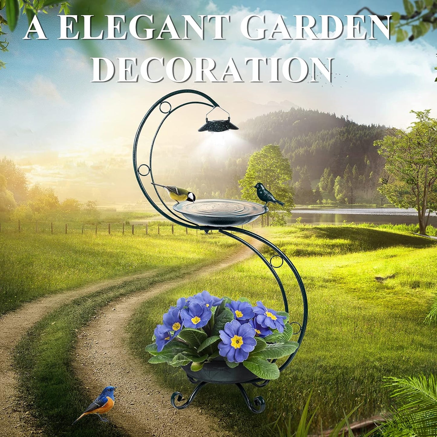 daytime use of metal bird bath planter in backyard landscaping