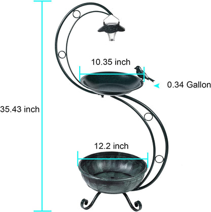 decorative black garden bird bath with solar lamp and floral planter