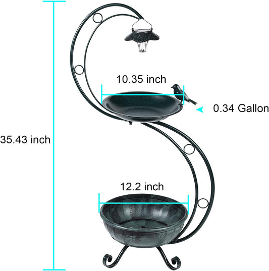 decorative black garden bird bath with solar lamp and floral planter