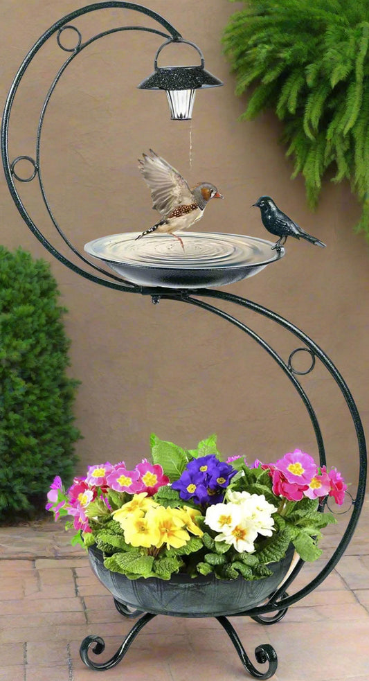 35.5 inch metal solar bird bath with planter and LED light