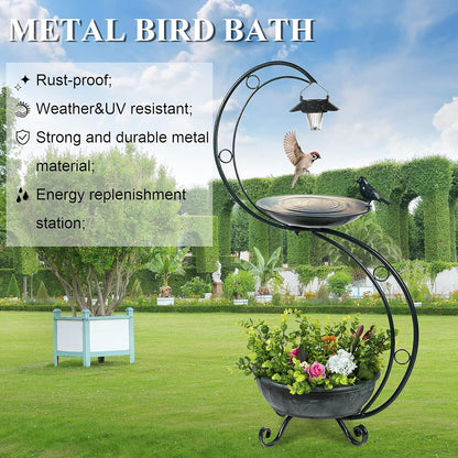bird bathing in metal solar garden ornament with planter

metal frame bird bath with flowers and solar LED lantern

