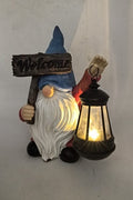 Resin gnome statue holding solar-powered lantern
Blue welcome garden gnome with LED light for patio
Solar-powered outdoor lawn gnome for porch or walkway
