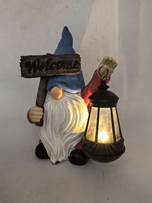 Resin gnome statue holding solar-powered lantern
Blue welcome garden gnome with LED light for patio
Solar-powered outdoor lawn gnome for porch or walkway