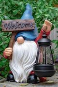 Resin gnome statue holding solar-powered lantern
Blue welcome garden gnome with LED light for patio
Solar-powered outdoor lawn gnome for porch or walkway