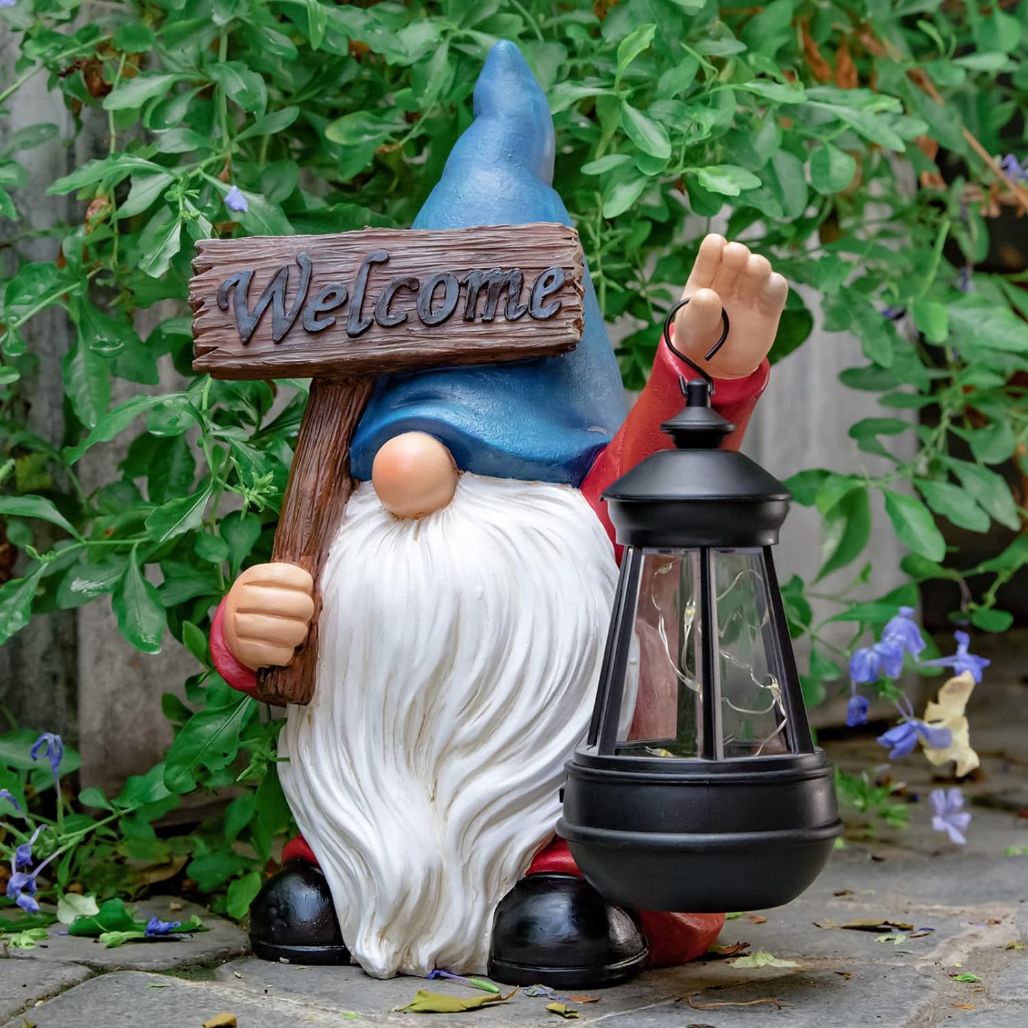 Resin gnome statue holding solar-powered lantern
Blue welcome garden gnome with LED light for patio
Solar-powered outdoor lawn gnome for porch or walkway