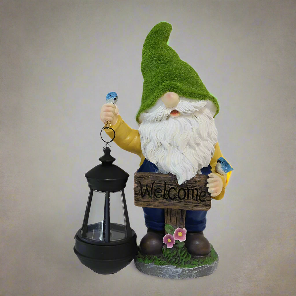 Garden gnome statue with LED lantern in hand
Outdoor solar-powered welcome gnome for patio or yard
Resin gnome lawn sculpture with night light