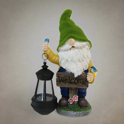 Garden gnome statue with LED lantern in hand
Outdoor solar-powered welcome gnome for patio or yard
Resin gnome lawn sculpture with night light