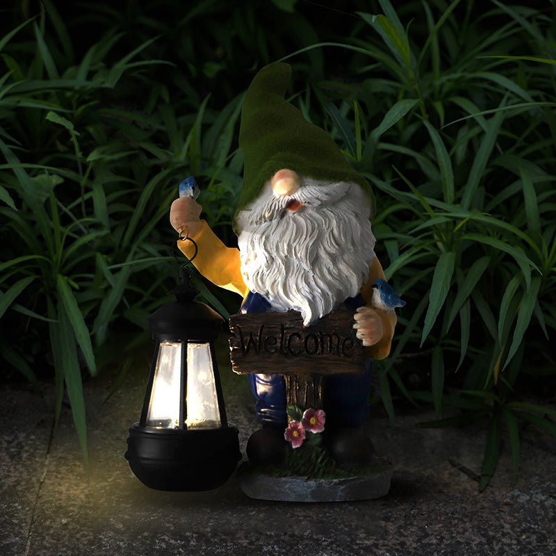 Garden gnome statue with LED lantern in hand
Outdoor solar-powered welcome gnome for patio or yard
Resin gnome lawn sculpture with night light