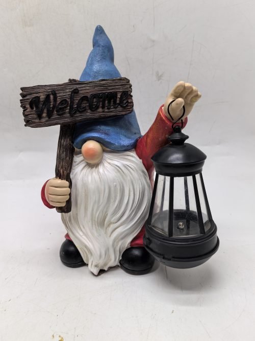 Resin gnome statue holding solar-powered lantern
Blue welcome garden gnome with LED light for patio
Solar-powered outdoor lawn gnome for porch or walkway