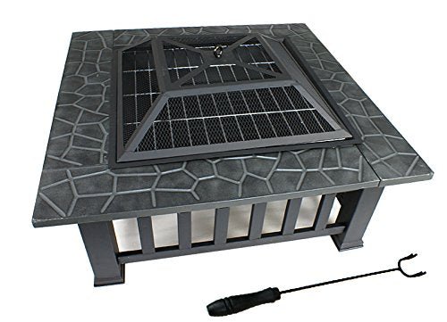 New Outdoor Wood Burning Fire Pit – Faux Stone Square Design with Poker | SKU: DY2001 - with | Sold by Uncle Wiener's Wholesale