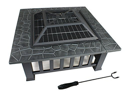New Outdoor Wood Burning Fire Pit – Faux Stone Square Design with Poker | SKU: DY2001 - with | Sold by Uncle Wiener's Wholesale