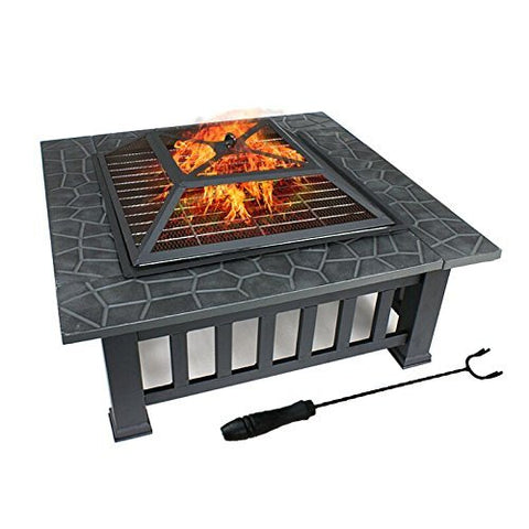 New Outdoor Wood Burning Fire Pit – Faux Stone Square Design with Poker | SKU: DY2001 - with | Sold by Uncle Wiener's Wholesale
