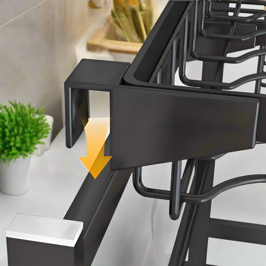 Black stainless steel over-the-sink dish drying rack with hooks and shelves