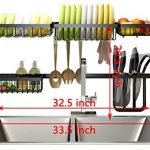 Black stainless steel over-the-sink dish drying rack with hooks and shelves