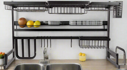 Black stainless steel over-the-sink dish drying rack with hooks and shelves