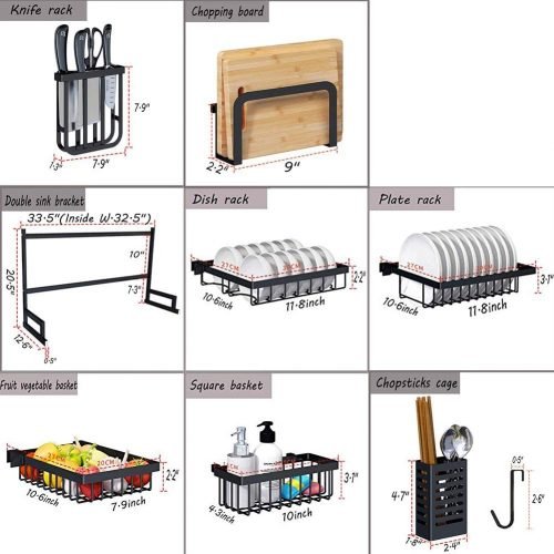 Black stainless steel over-the-sink dish drying rack with hooks and shelves