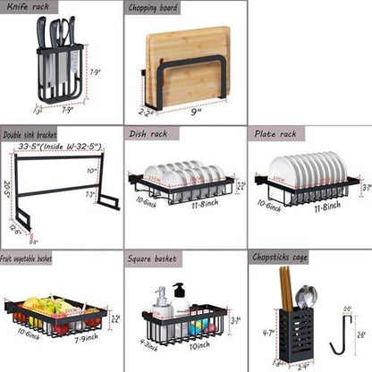Black stainless steel over-the-sink dish drying rack with hooks and shelves