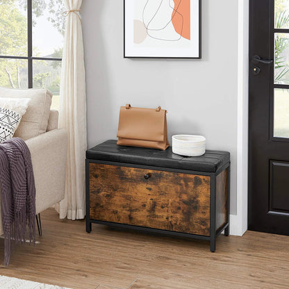 Padded shoe storage bench with 2 rows and cushion seat”

Side angle: “Black steel-framed shoe bench with rustic brown panels”

Open drawer view: “Entryway bench with pull-out drawer for storage”

Lifestyle shot: “Shoe bench placed in hallway entry with accessories”

Front view: “Upholstered shoe rack bench for hallway organization”