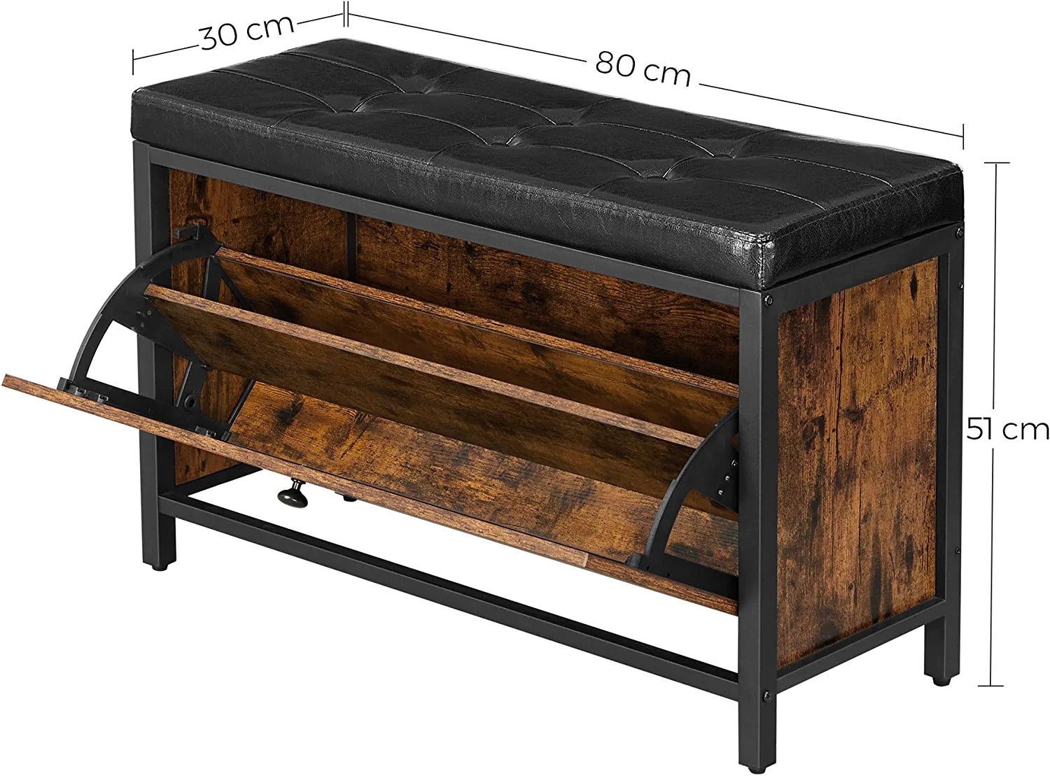 Padded shoe storage bench with 2 rows and cushion seat”

Side angle: “Black steel-framed shoe bench with rustic brown panels”

Open drawer view: “Entryway bench with pull-out drawer for storage”

Lifestyle shot: “Shoe bench placed in hallway entry with accessories”

Front view: “Upholstered shoe rack bench for hallway organization”
