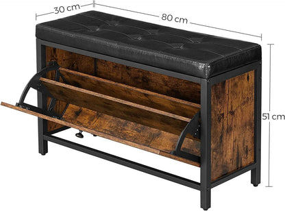 Padded shoe storage bench with 2 rows and cushion seat”

Side angle: “Black steel-framed shoe bench with rustic brown panels”

Open drawer view: “Entryway bench with pull-out drawer for storage”

Lifestyle shot: “Shoe bench placed in hallway entry with accessories”

Front view: “Upholstered shoe rack bench for hallway organization”