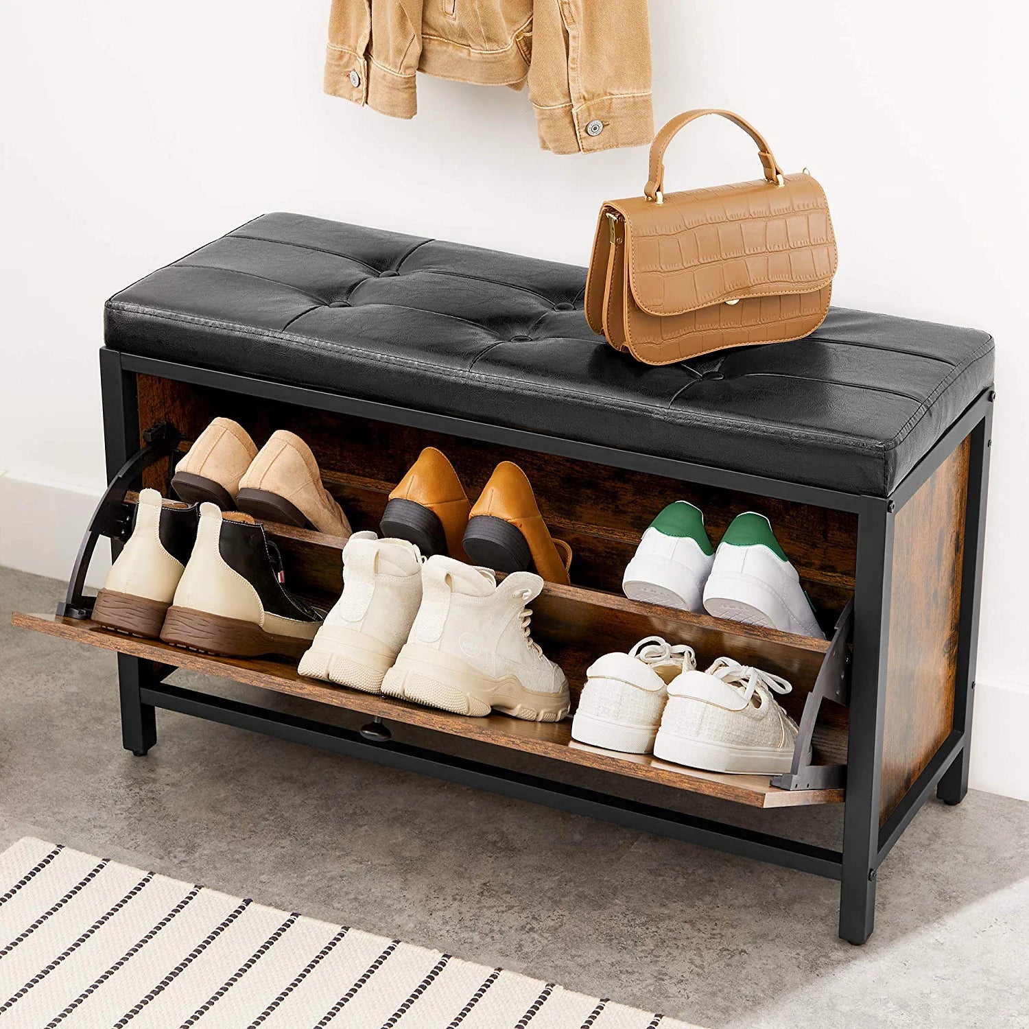 Padded shoe storage bench with 2 rows and cushion seat”

Side angle: “Black steel-framed shoe bench with rustic brown panels”

Open drawer view: “Entryway bench with pull-out drawer for storage”

Lifestyle shot: “Shoe bench placed in hallway entry with accessories”

Front view: “Upholstered shoe rack bench for hallway organization”