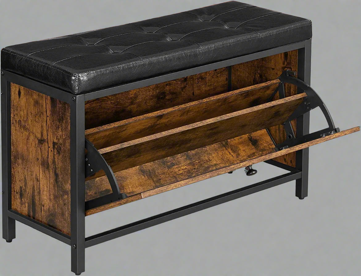 Padded shoe storage bench with 2 rows and cushion seat”

Side angle: “Black steel-framed shoe bench with rustic brown panels”

Open drawer view: “Entryway bench with pull-out drawer for storage”

Lifestyle shot: “Shoe bench placed in hallway entry with accessories”

Front view: “Upholstered shoe rack bench for hallway organization”