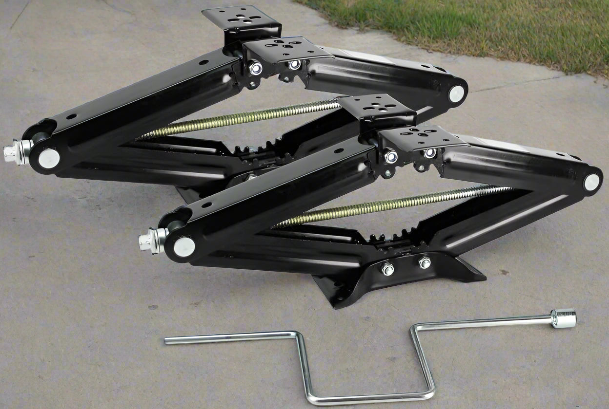 Pair of 24-Inch RV Scissor Jacks – Heavy-Duty 5,000 lb Capacity
Manual RV Stabilizer Jack Pair – Model CS24 in Black Steel
Camper and Trailer Stabilizing Jacks – Retracted and Extended View