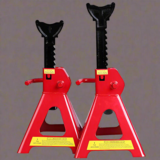 “Pair of red heavy-duty jack stands on concrete garage floor”

“6-ton jack stands with ratchet and locking pin”

“12-ton jack stands supporting heavy-duty pickup truck”
