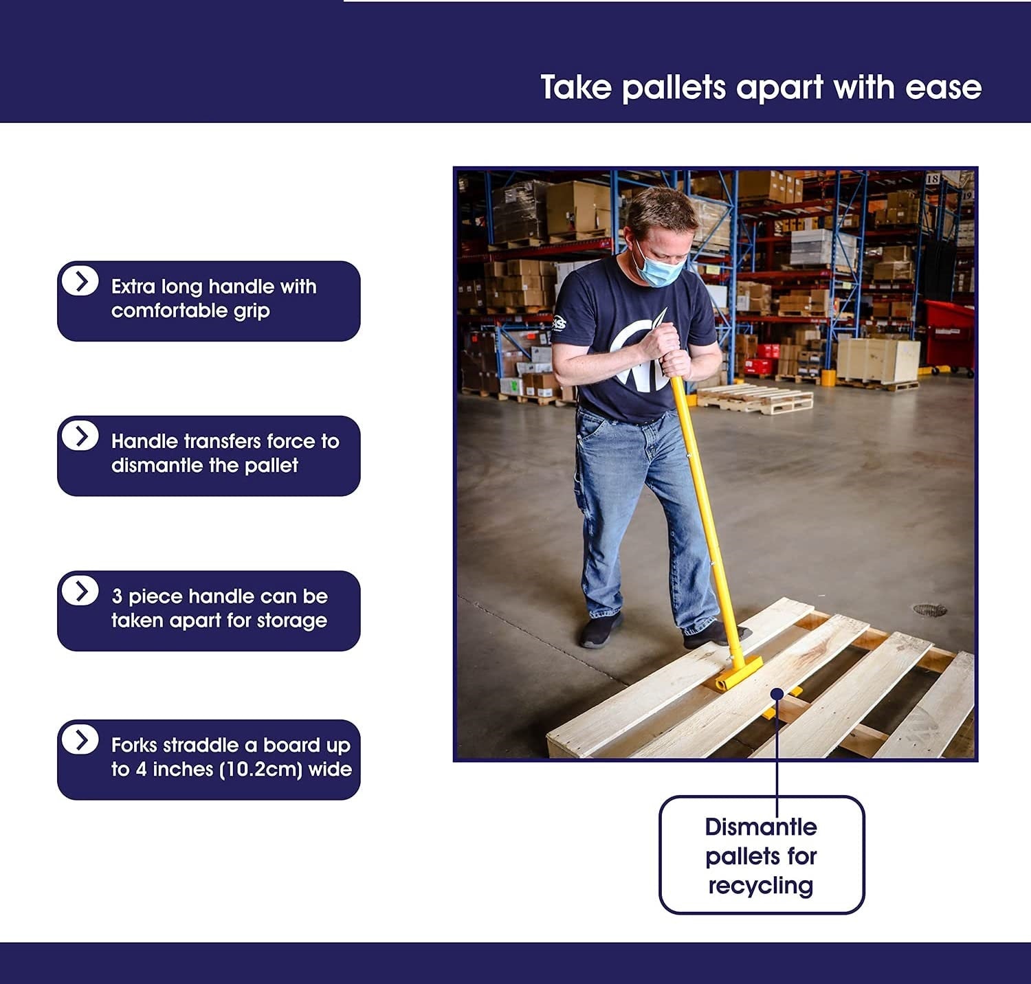 41-inch yellow pallet buster bar with pivot head and rubber grip
Heavy-duty pallet dismantling tool for reclaiming wood projects
Deck board and pallet removal tool with ergonomic handle