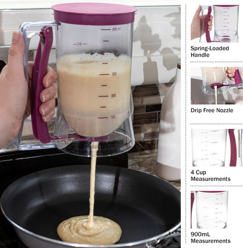 4 Cup Pancake & Waffle Batter Dispenser – Purple Handle

No-Drip Batter Dispenser for Muffins and Cupcakes

Easy-Pour Spring-Handle Pancake Batter Dispenser

Kitchen Baking Tool – Batter Dispenser with Measurement Markings

Pancake and Muffin Batter Dispenser 900ml Capacity