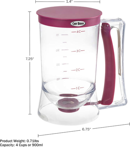 4 Cup Pancake & Waffle Batter Dispenser – Purple Handle

No-Drip Batter Dispenser for Muffins and Cupcakes

Easy-Pour Spring-Handle Pancake Batter Dispenser

Kitchen Baking Tool – Batter Dispenser with Measurement Markings

Pancake and Muffin Batter Dispenser 900ml Capacity