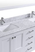 White freestanding bathroom vanity with matching mirror and chrome hardware